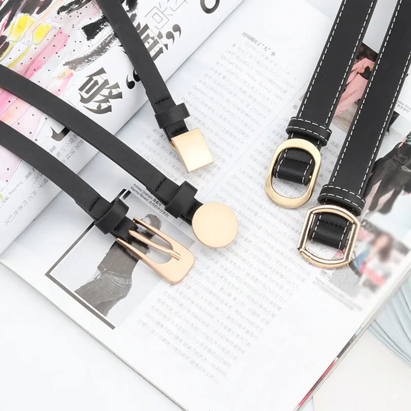 

1 PCS Women Belt Chic Gold Geometric Metal Buckle Elegant PU Leather Strap Belt Simple Thin Adjustable Belt Dress Accessories
