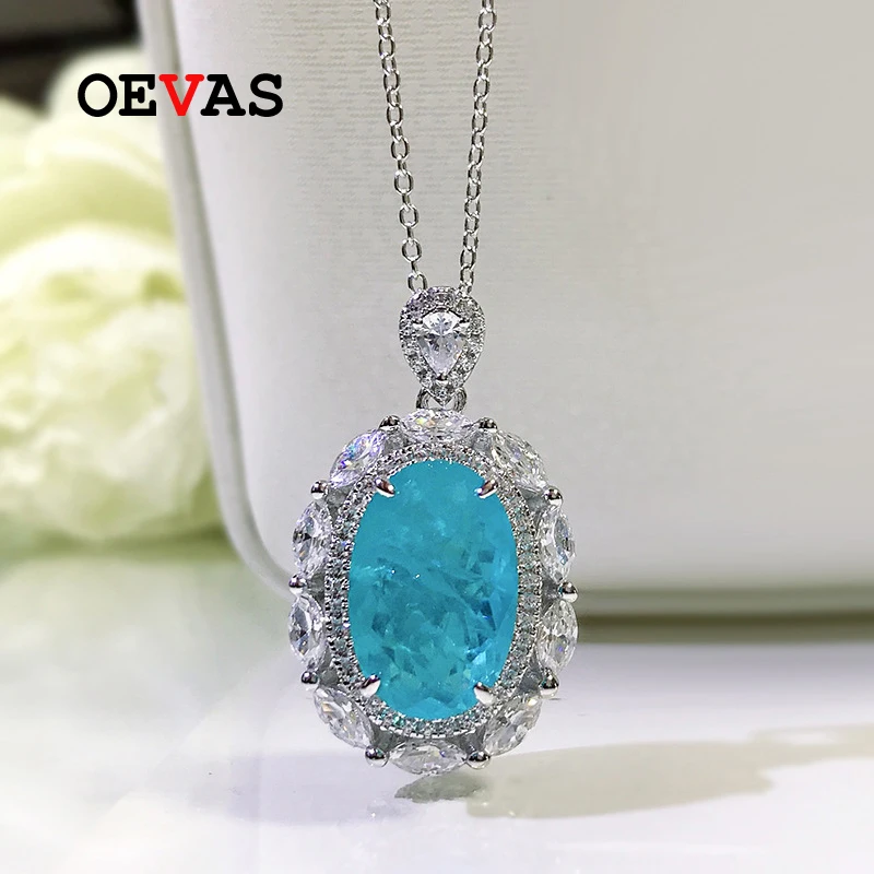 

OEVAS 100% 925 Sterling Silver 10*15mm Aquamarine High Carbon Diamond Pendant Necklace For Women Sparkling Wedding Fine Jewelry
