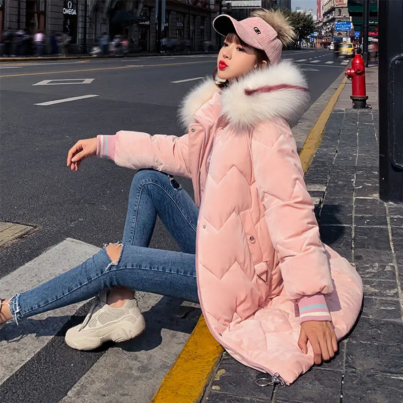 pink Шикарное бархатное меховое пальто с капюшоном зимнее пуховое пальто теплая куртка плюс размер длинный тонкий женский ватный ватник женская куртка на меху - Цвет: pink