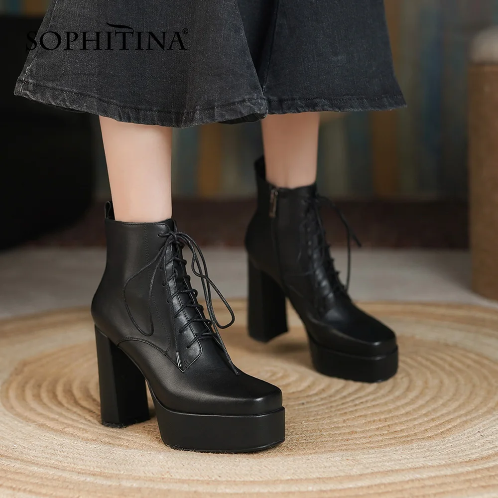 

Женские ботильоны из натуральной кожи SOPHITINA, водонепроницаемые ботинки на очень высоком каблуке 4 см, на платформе, с перекрестными шнуровка...