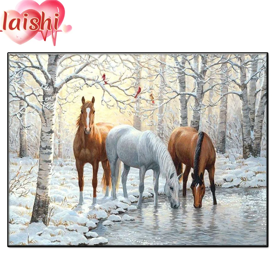 

Snow scene, horse drinking water Full Diamond Painting Cross Stitch Mosaic 5D Diy full Square Round diamond 3d Embroidery Gift