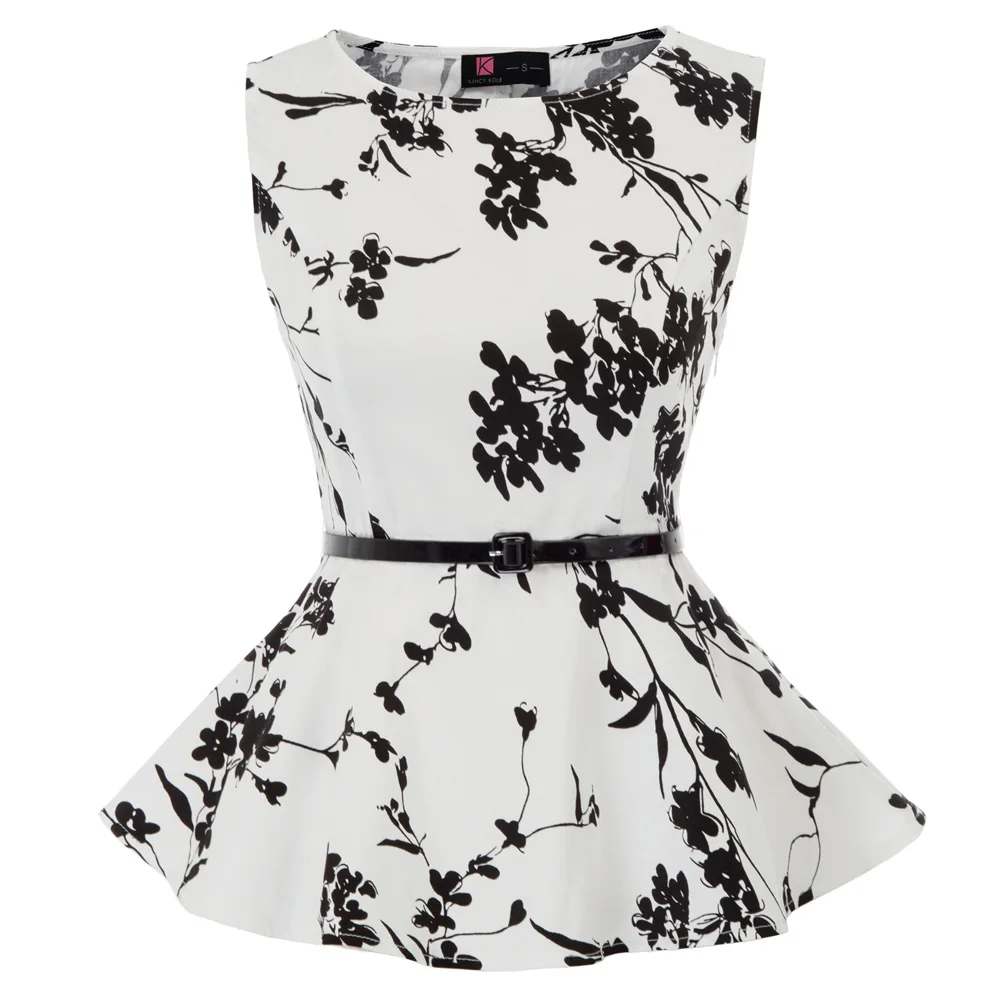 

Women's Blouses Floral Print Sleeveless Scoop Neck Belt Decorated Peplum Hem Tops Summer Casual Fashion Slim Shirts Tops Clothes