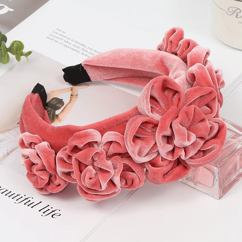 AWAYTR New Solid Color Peony Flower Velvet Hairband for Women Winter Headdress Ladies Ball Party Retro Fashion Accessories