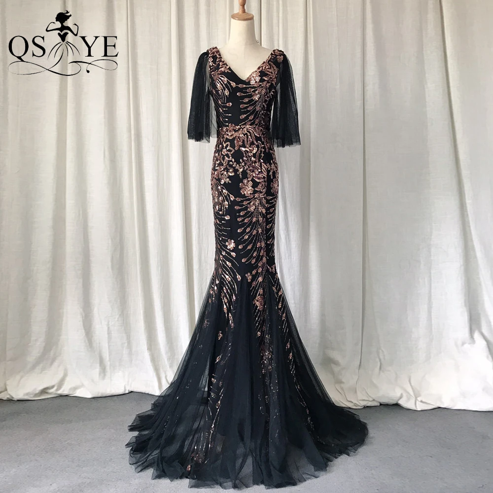 

Black Evening Dresses Golden Lace Prom Gown with Sleeves Gold Appliques Party Dress Mermaid Sequin Lace Long Formal Gown Vestido