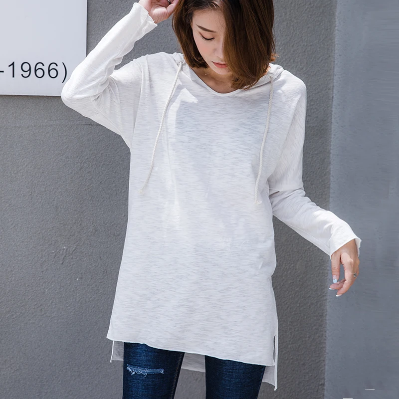 Bamboo Cotton Loose Women T-shirts 2021 Summer New Long Hooded V-neck Solid White Casual Pullovers Outwear Coat Tops | Женская одежда