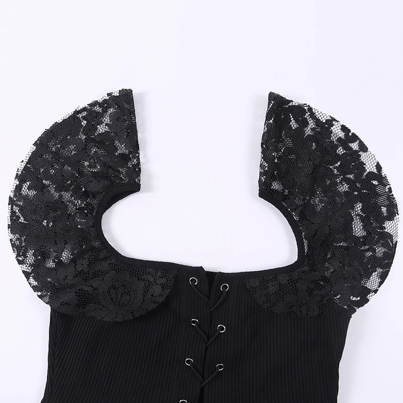 Женские кружевные топы Goth Dark черные с вырезом лодочкой и коротким рукавом