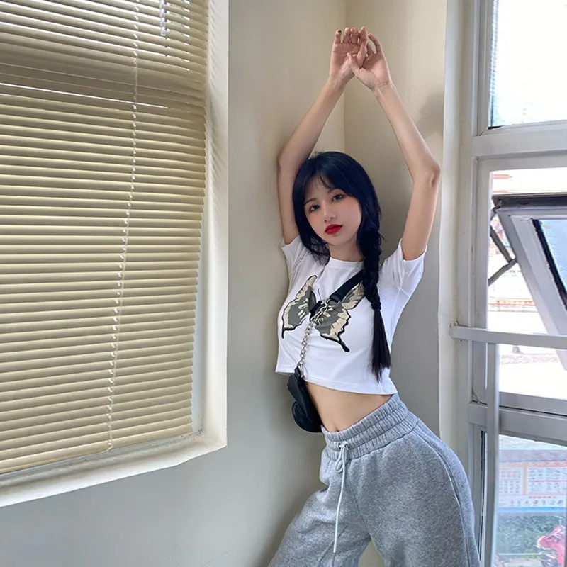 

Liva Girl Female Tshirt Sexy Butterfly Pattern Camiseta Navel BM New Tight White Short Sleeve White Top XL Vetements Femmes