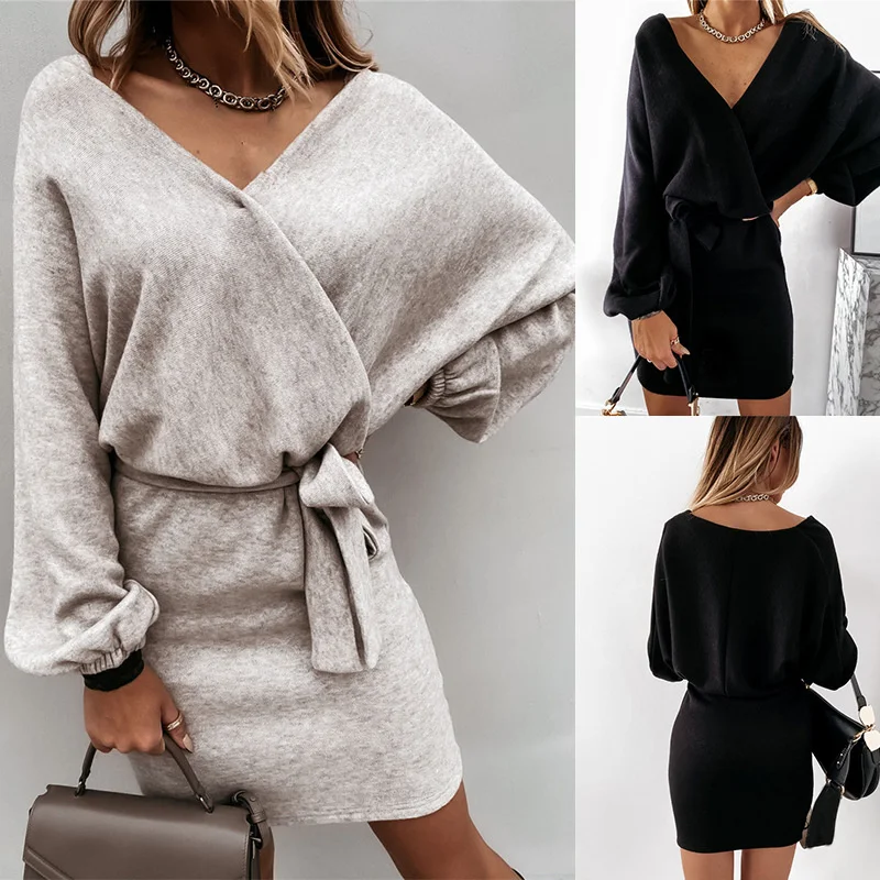 

Autumn and Winter New Temperament Commuting Pullover Lace Up Solid Color V-neck Sexy Dress Without Brooch
