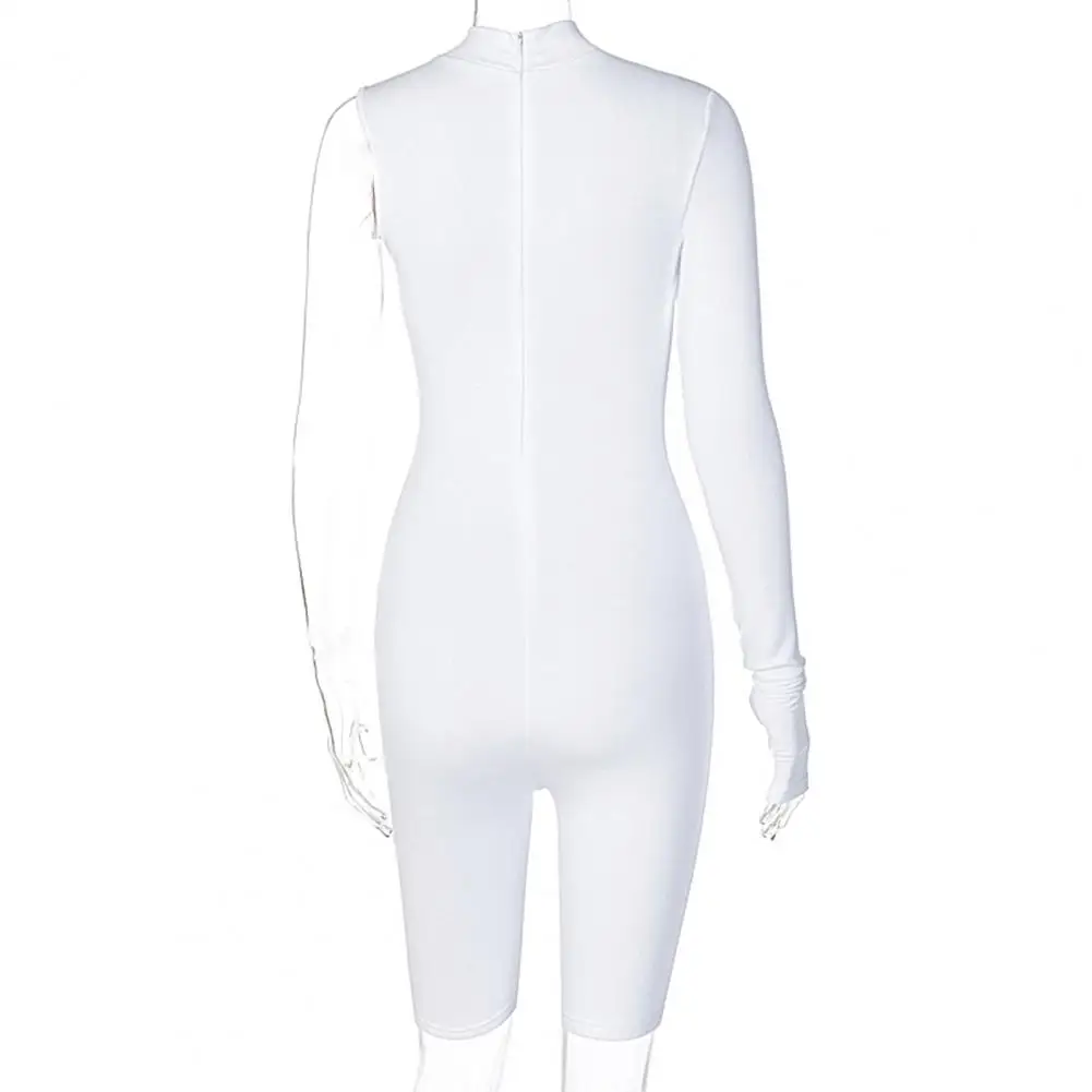 

Women Solid Color Long Sleeve One Shoulder Thumb Hole Playsuit Skinny Jumpsuit