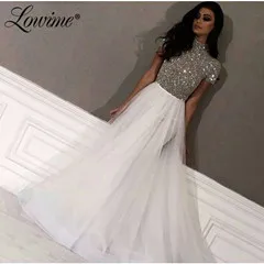 Silver and White Блестящее серебряное блестящее белое Тюлевое вечернее платье арабское вечернее платье Robe De Soiree с короткими рукавами Выпускные платья - Цвет: Silver and White