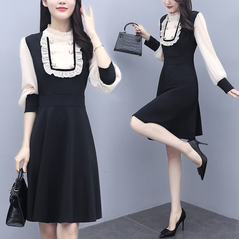 

Женское платье с оборками и длинным рукавом, однотонное офисное платье составного кроя с круглым вырезом и высокой талией в Корейском стиле...