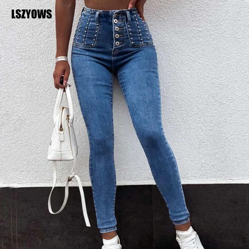 

Women's Beading High Waist Jeans Vintage Casual Button Fly Elastic Slim Jeans Female Washed Denim Skinny Pencil Pants Streetwear