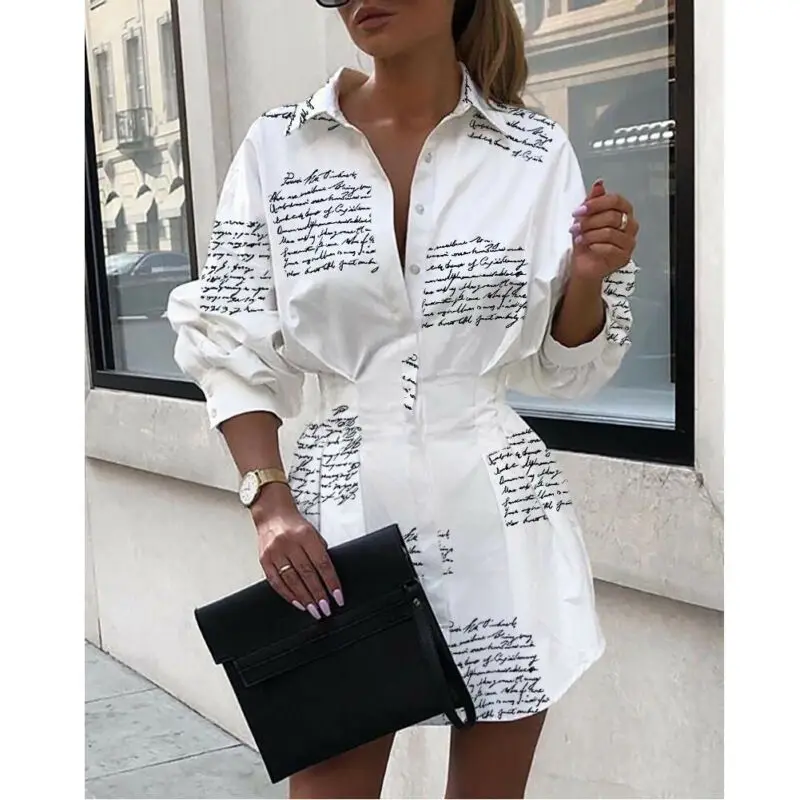 

Summer Autumn Women Mini Shirt Dress Button Three Quarter Sleeve Waist Collection Blouses Long Sleeve Dress