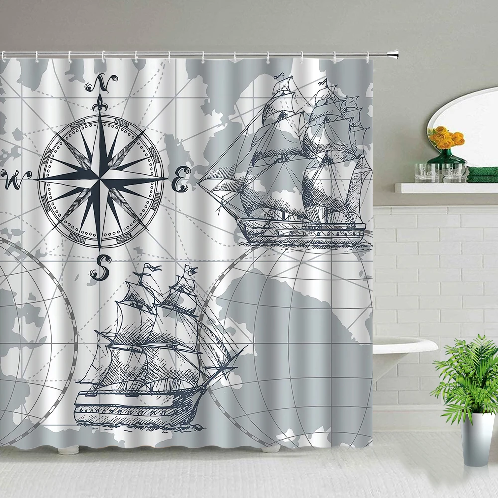 

Retro Style Sailboat Nautical Compass World Map Shower Curtains Bath Screen Bathroom Waterproof Fabric Hanging Curtain With Hook