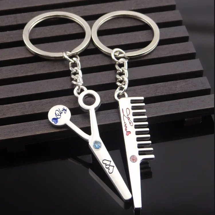 

New keychain DIY metal holder chain vintage barber scissor comb stylist silver color pendant Gift