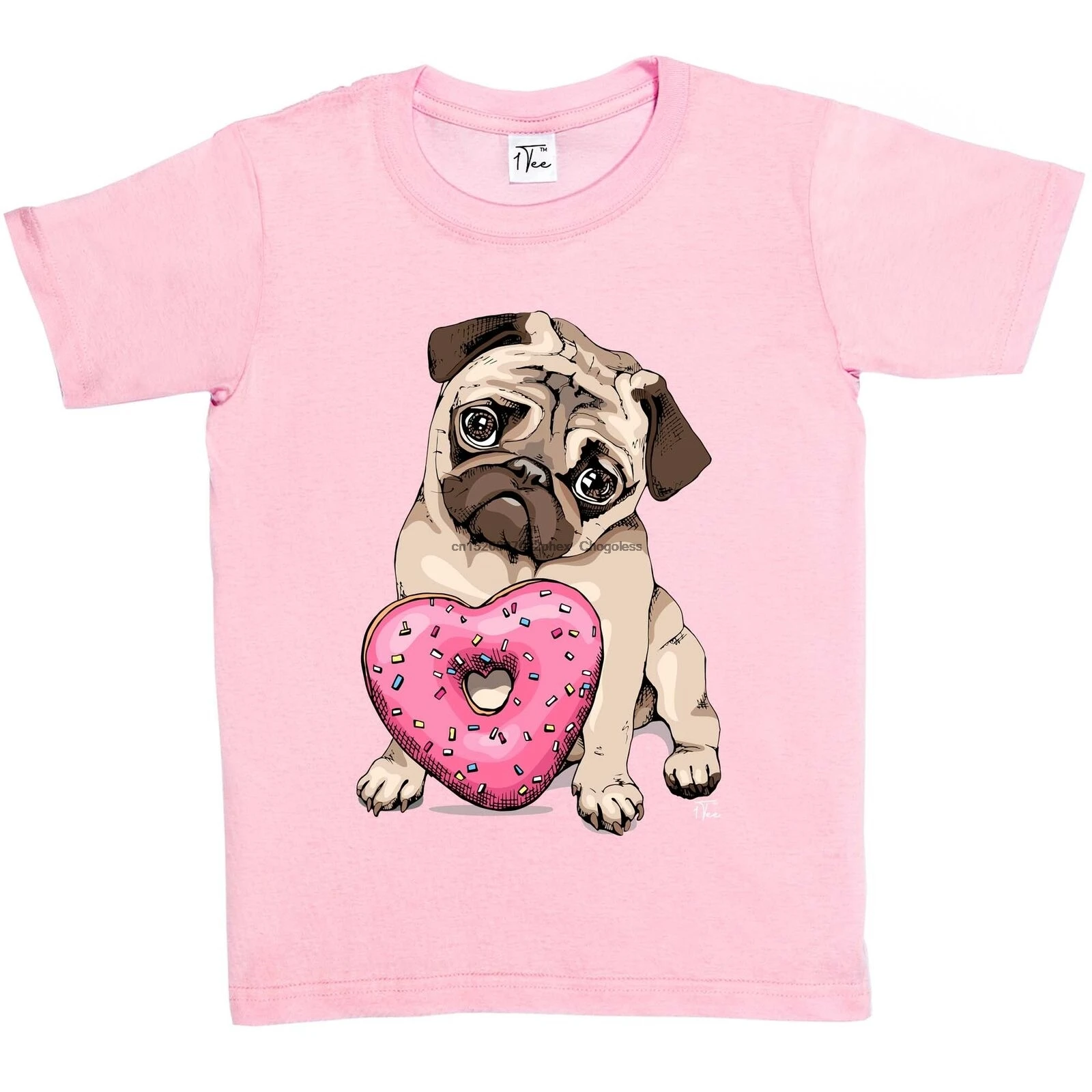 Детская футболка с Мопсом сердцем и пончиком для девочек 1 | Мужская одежда