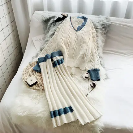 white Комплект из 2 предметов, женские юбки с v-образным вырезом, Модный повседневный вязаный свитер, пуловер и Плиссированные Свободные юбки, женские элегантные костюмы f1505 - Цвет: white