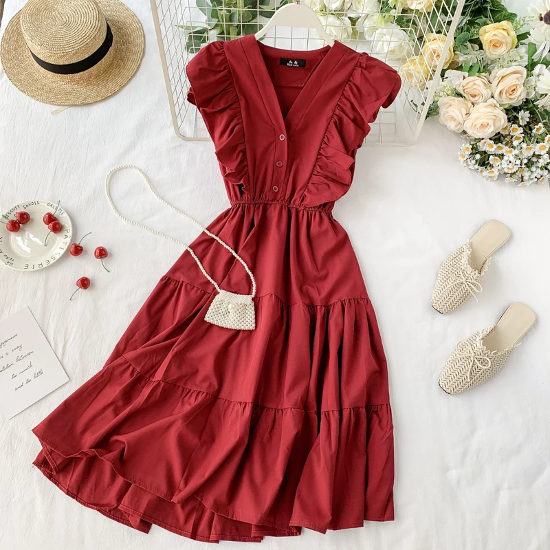 

New French high waist Dress V-neck fashion ruffled sleeveless woman dress Temperament fashion dresses for women 2021