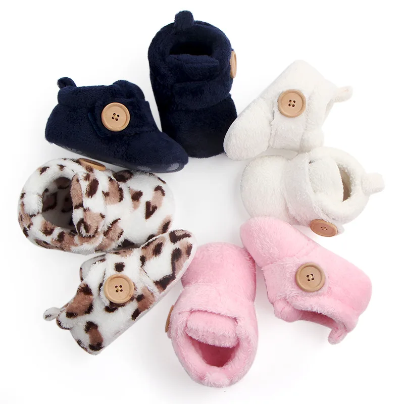 

Unisex Flock Keep Warm Baby Girls Boys Shoes Button Decoration First Walkers Soft Soles Slippers Cute Non-Slip Baby Indoor Shoes
