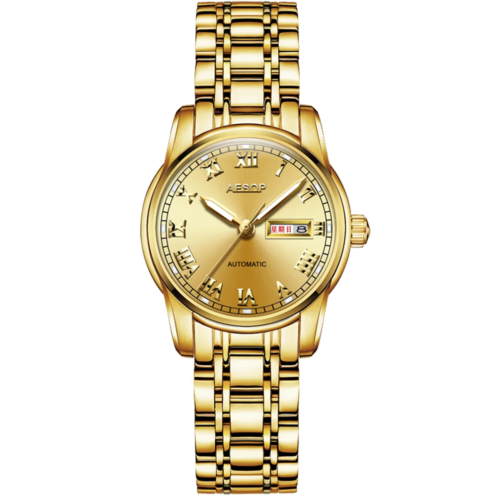 Женские Механические автоматические часы AESOP золотые из нержавеющей стали с