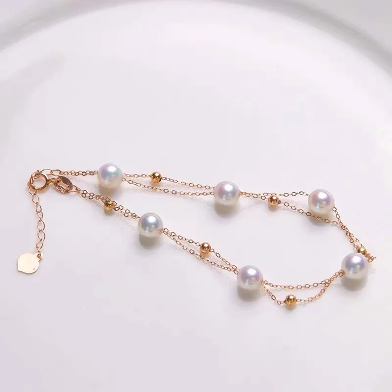 18K Solid Yellow Real Gold Jewelry (AU750) Women Single Grain Pearl Bracelet Chain Natural Sea Pearl Beads  Fashion Lady