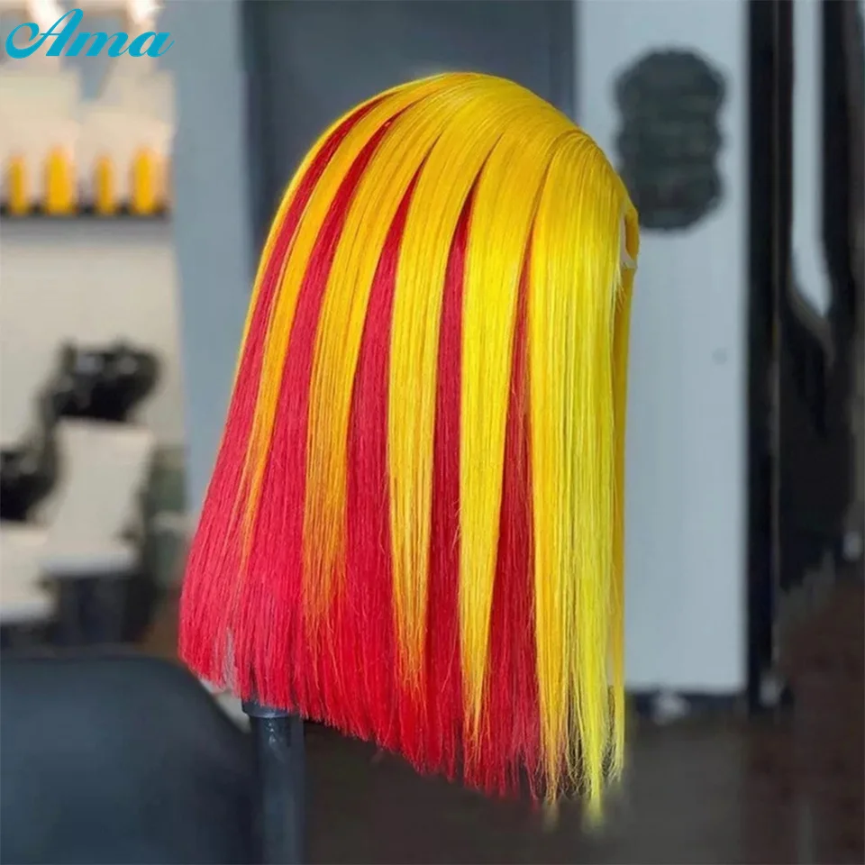 Yellow Red 13X4X1 T Part Bob Wig Short Bob Wigs Ombre Lace Front Wig Straight Human Hair Wigs For Women Blonde Color Lace Wig