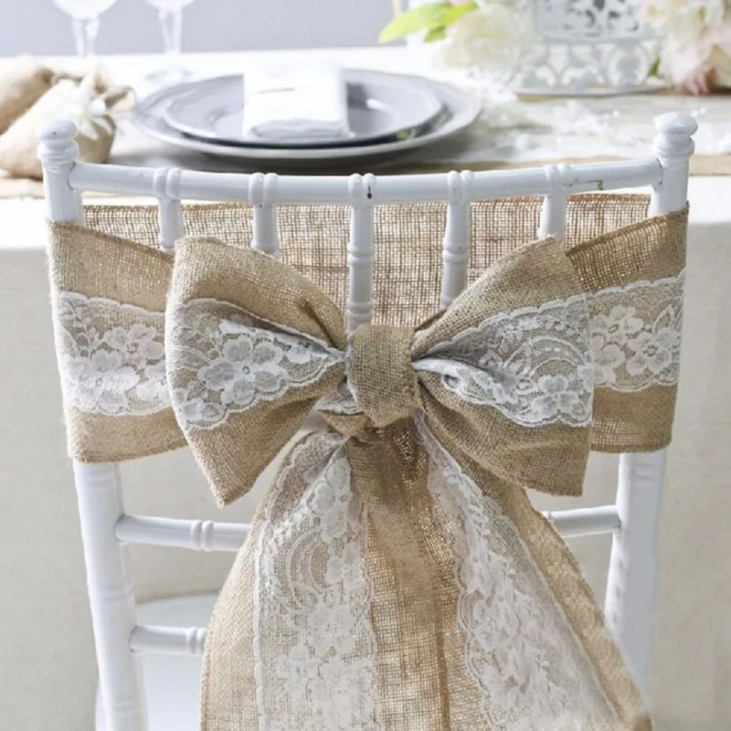 

Naturally Elegant Burlap Lace Chair Sashes 15x240cm Jute Chair Tie Bow For Rustic Wedding Party Event Decoration