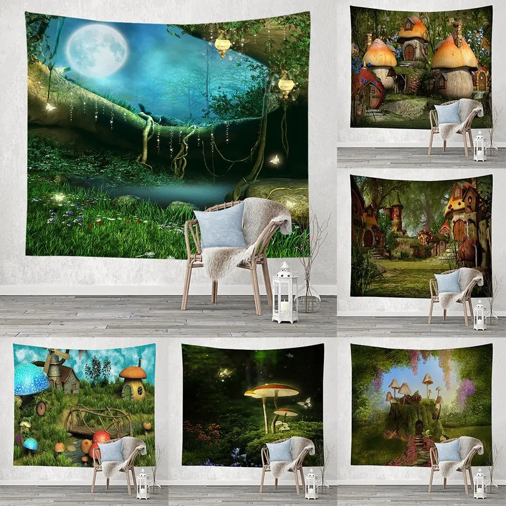 

Psychedelic Mushroom Castle Tapestry Mysterious Forest Tree Tapestry Fantasy Fairy Tale Tapestry Wall Hanging for Bedroom Decor