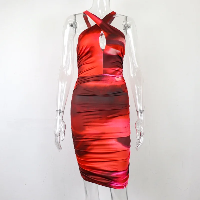 

Elegant Halter Sheath Colorful Floral Print Backless Dress Women Summer 2021 Casual Party Sleeveless Short Mini Bodycon Dresses
