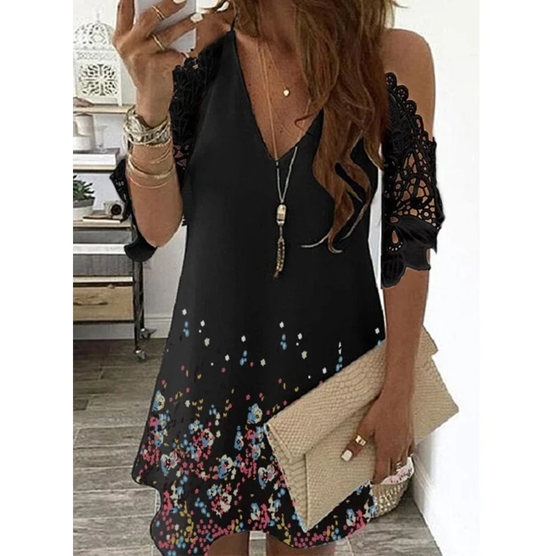 

Half Sleeves Print Floral Dress Women Causal Off Shoulder Midi Dress Female V Neck Lace Casual Sling Party Dresses Plus Size