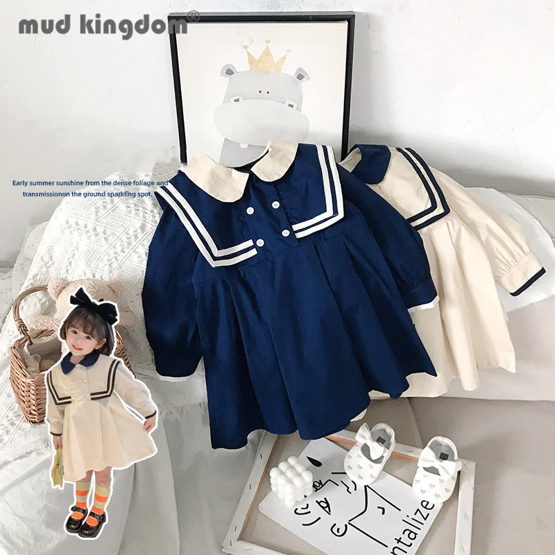 

Mudkingdom Girl Dress Long Puff Sleeve Preppy Style Sailor Collar Loose Patchwork Princess Dress Toddler Spring Autumn Clothes