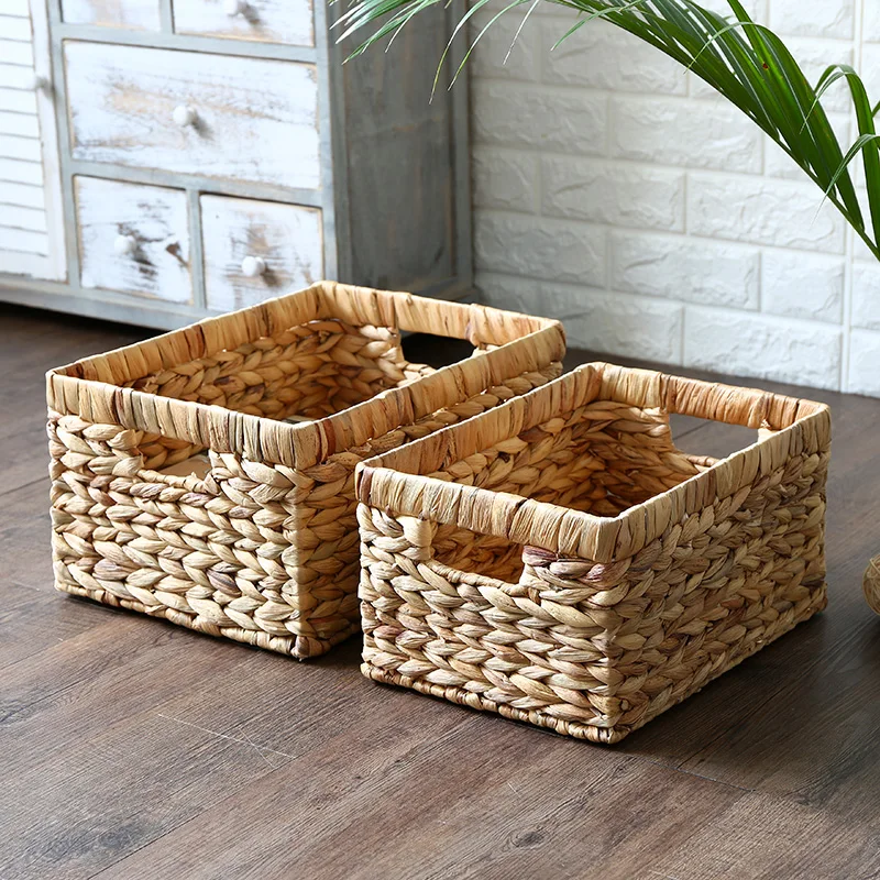 

Storage Basket Natural Straw Rectangular Desktop Wire Handles Decor Seagrass Woven Wicker Basket Organizing Shelves WF1015