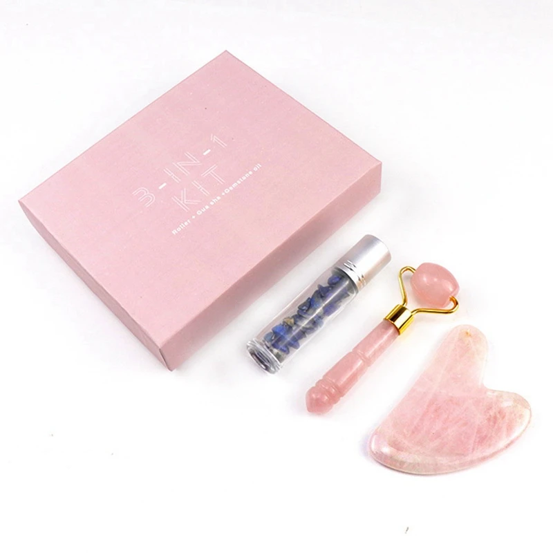 

Rose Quartz Jade Roller Gua Sha Board Massager Face Lifting Tool Facial Guasha Massage Gemstone Bottle Kit