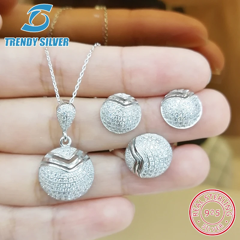 

complete pure 925 sterling silver zirconia clear CZ luxury jewelry set ring earrings for woman pendant necklace trendy design