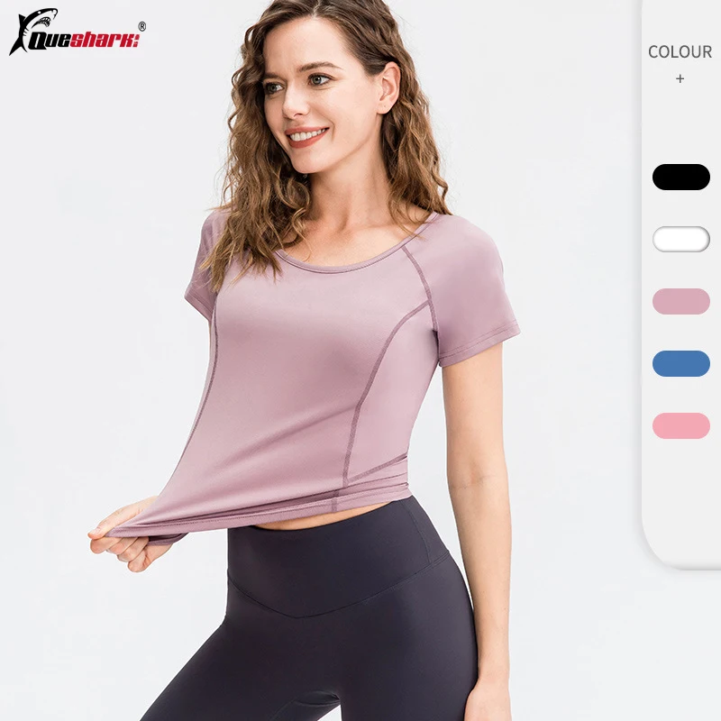

Queshark Pro Women Fitness Short Sleeved Round Neck Sport T Shirt Slim Fit For Yoga Sports Fitness Workout Gym Breathable Tops