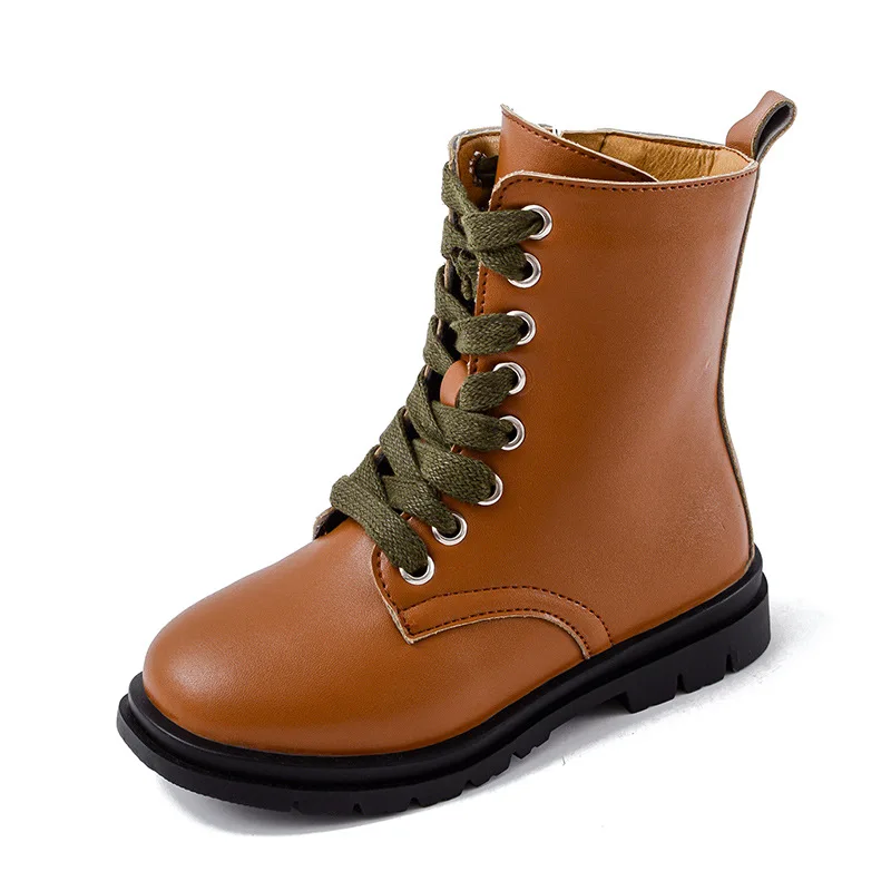 

COZULMA Autumn Kids Girls Fashion Lace-Up Mid-calf Boots Leather Shoes Children Waterproof Work Boots Size 26-36