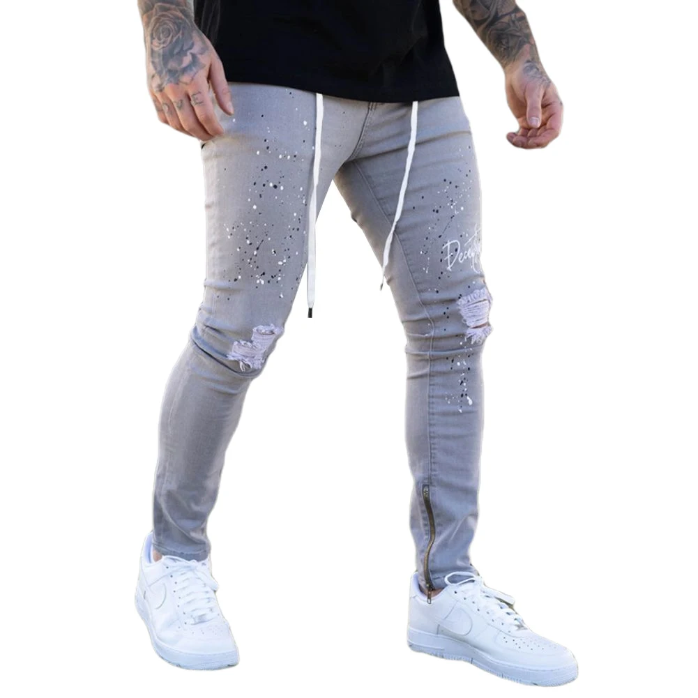 

3 Styles Trendy Men Skinny Jeans Biker Destroyed Frayed Fit Denim Ripped Denim Pants Side Stripe Pencil Pants Hip Hop Streetwear