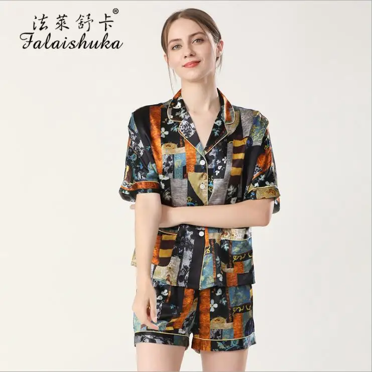 Women 100% Silk Pajamas Sets 2021 New Spring Short Sleeve Long Pants Three Piece Set Lady Homewear Sleepwear