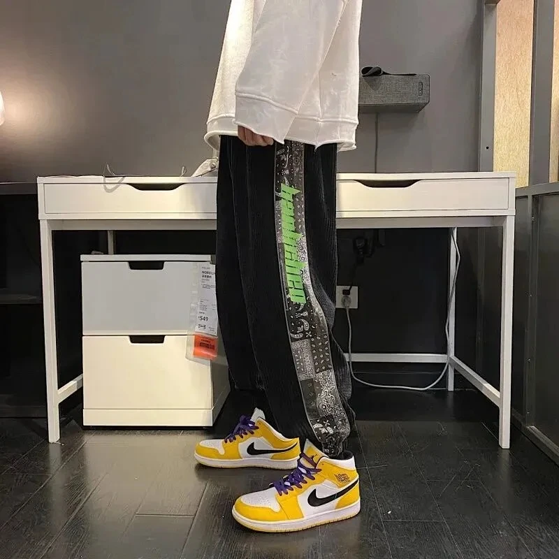 Вельветовые Штаны мужские свободные тренд штаны шаровары японский принт