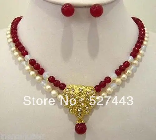 Wholesale 2 row red stone white pearl wedding necklace pendant earring set (A0423) | Украшения и аксессуары