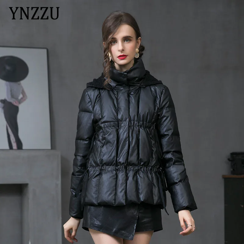 

High quality Women PU down jacket Warm 2021 Winter Fashion Hooded Faux leather coat Black Short Overcoat Female New YNZZU 1O228