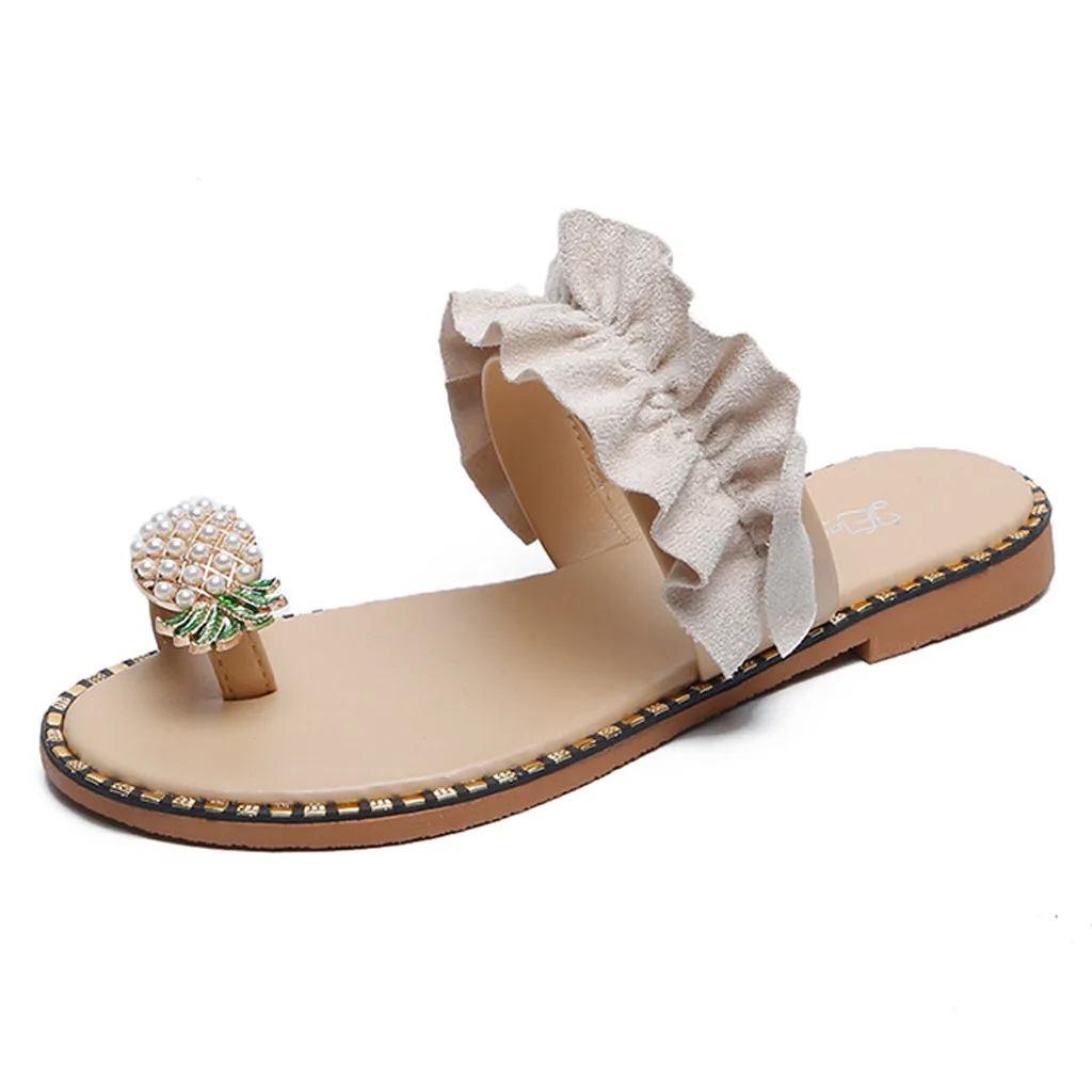 

2019 Pearl Ruffles Slippers Women Shoes Summer Beach Slides Female Sandals Bohemian Flat Flip Flops Home Slippers Casual Shoes