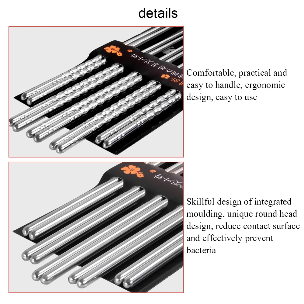 

5 Pairs Stainless Steel Thread Chopsticks Chinese Chopsticks Set Metal Non-Slip Design Kitchen Tool Portable Reusable Chopsticks