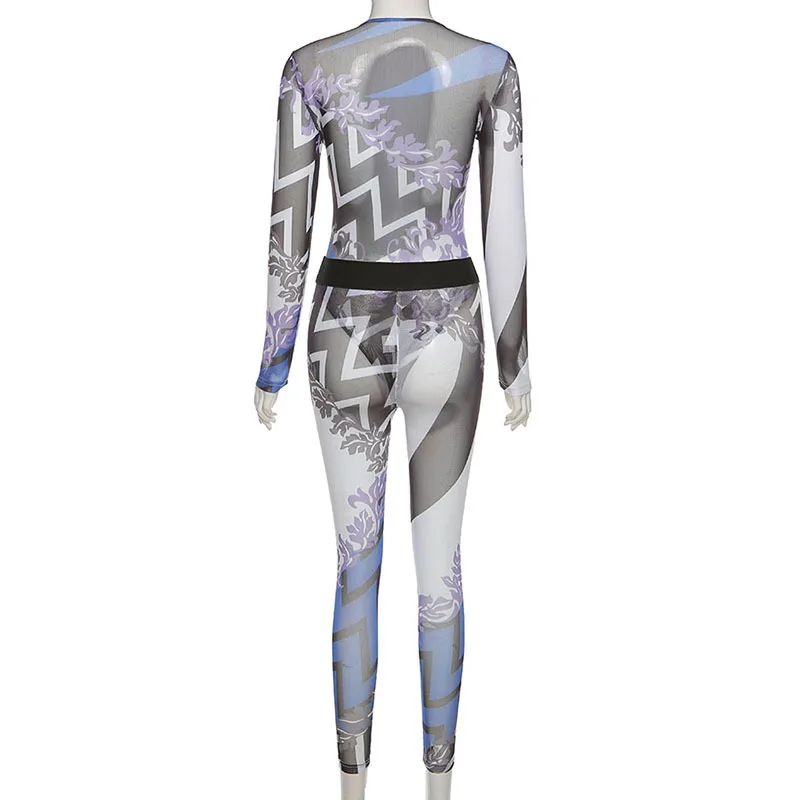 

Angels Secret Mesh Pattern Printed Bodycon Two Piece Sets Women 2021 Street Style Bodysuit And Pants Fashion Female AG30938