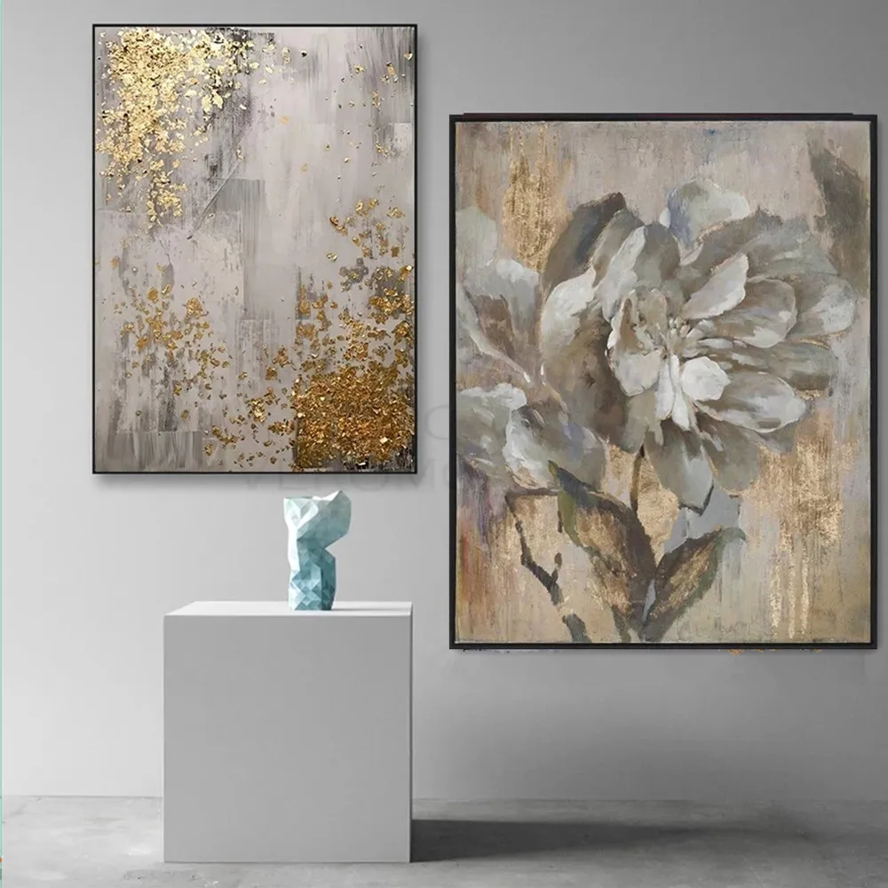 Palette Golden Flower Oil Painting On Canvas Wall Art Abstract Gold Cuadro Decoration Retro Print Poster Decor | Дом и сад