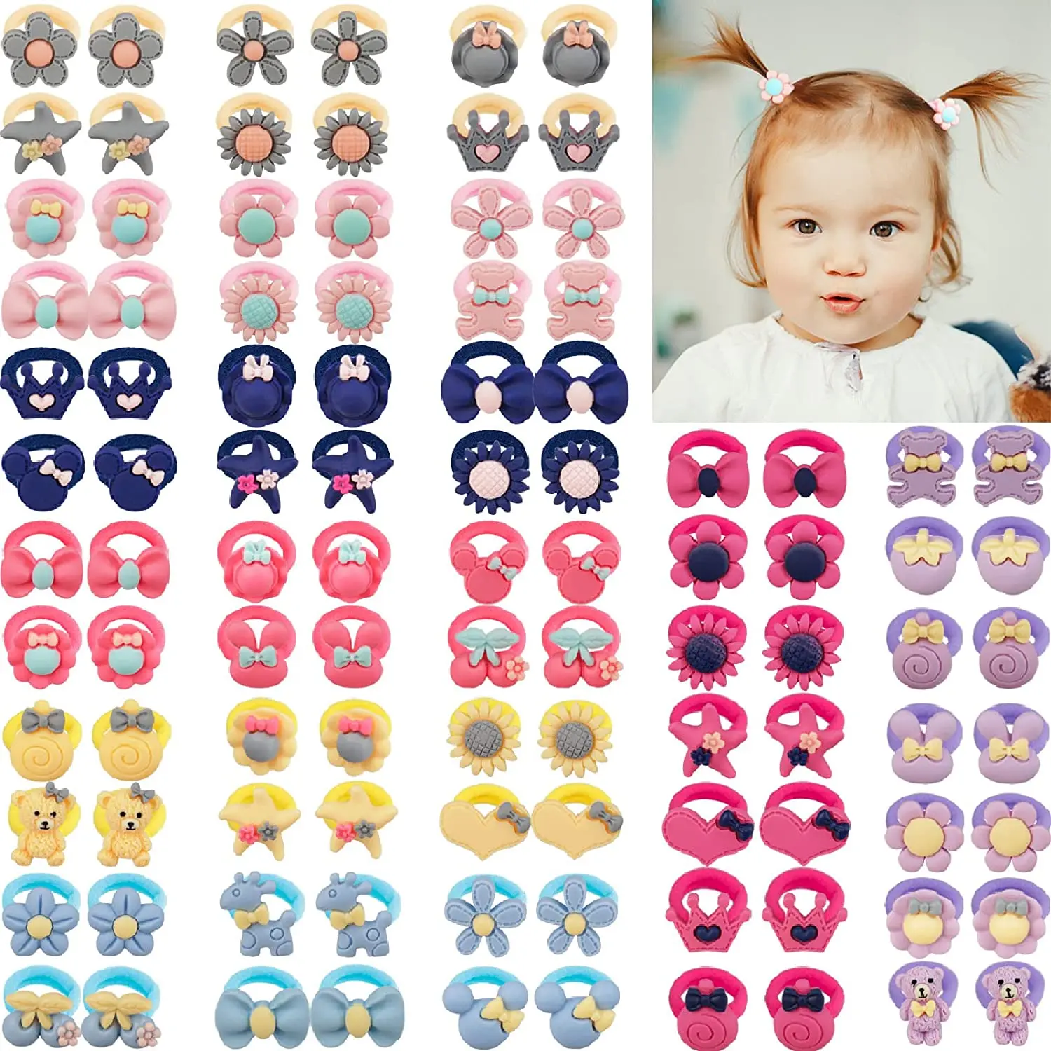 

100pcs Baby Girls Toddlers Kids Cute Flower and Bows Seamless Elastic Hair Ties Hair Accessories for Pigtails Bangs and Hair