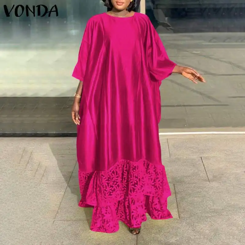 

Summer Dress VONDA Casual 3/4 Sleeve Solid Satin Dresses Loose Beach Sundress Bohemian Vestidos Elegant Party Robe
