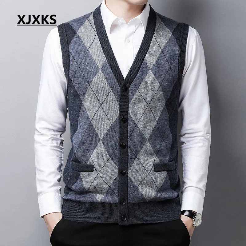 XJXKS высококачественный кашемировый вязаный кардиган мужской свитер без рукавов