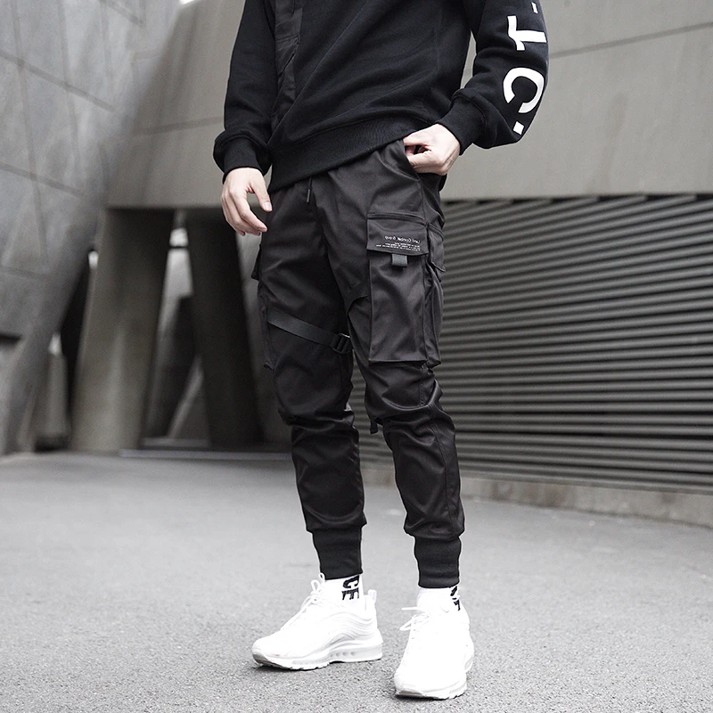 

Men Ribbons Color Block Black Pocket Cargo Pants 2019 Harem Joggers Harajuku Sweatpant Hip Hop Trousers