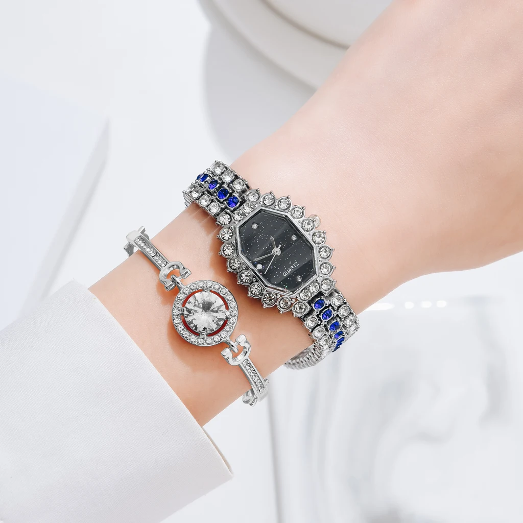 Роскошные женские часы 6 шт. в комплекте браслет ожерелье серьги кольца